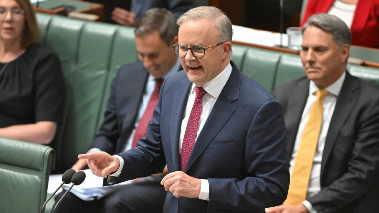 Anthony Albanese speaks into the microphone at the House of Representatives despatch box. Behind him Jim Chalmers and Richard Marles are visible.