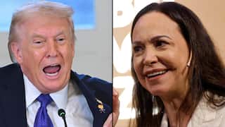 A composite image of a man in a suit smiling on the left and a woman smiling as she speaks on the right