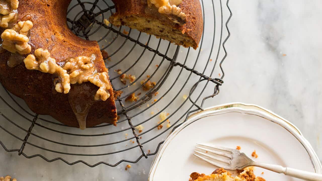 Honey, quince and walnut pound cake with salty honeyed walnuts