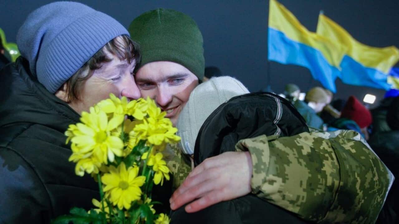 Released Ukrainian hostages at the Boryspil airport in Kyiv, Ukraine.