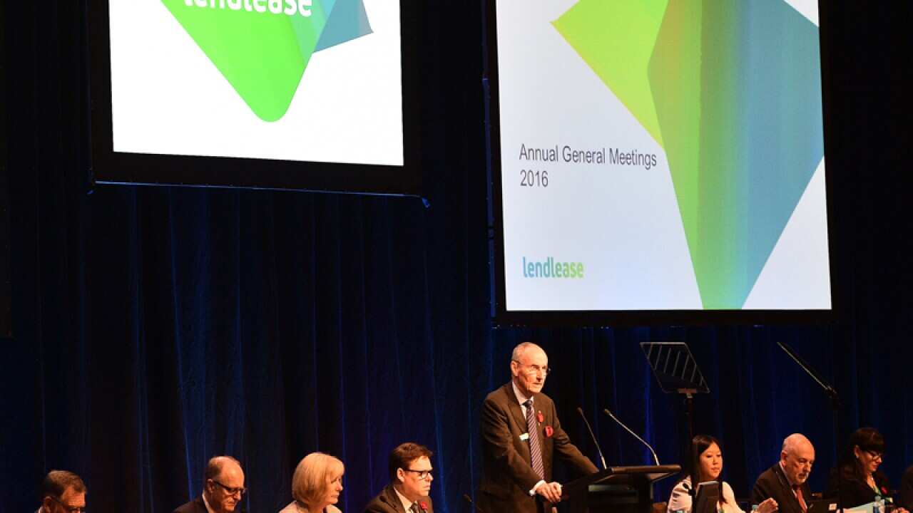 Lendlease chairman David Crawford (C) speaks at the AGM