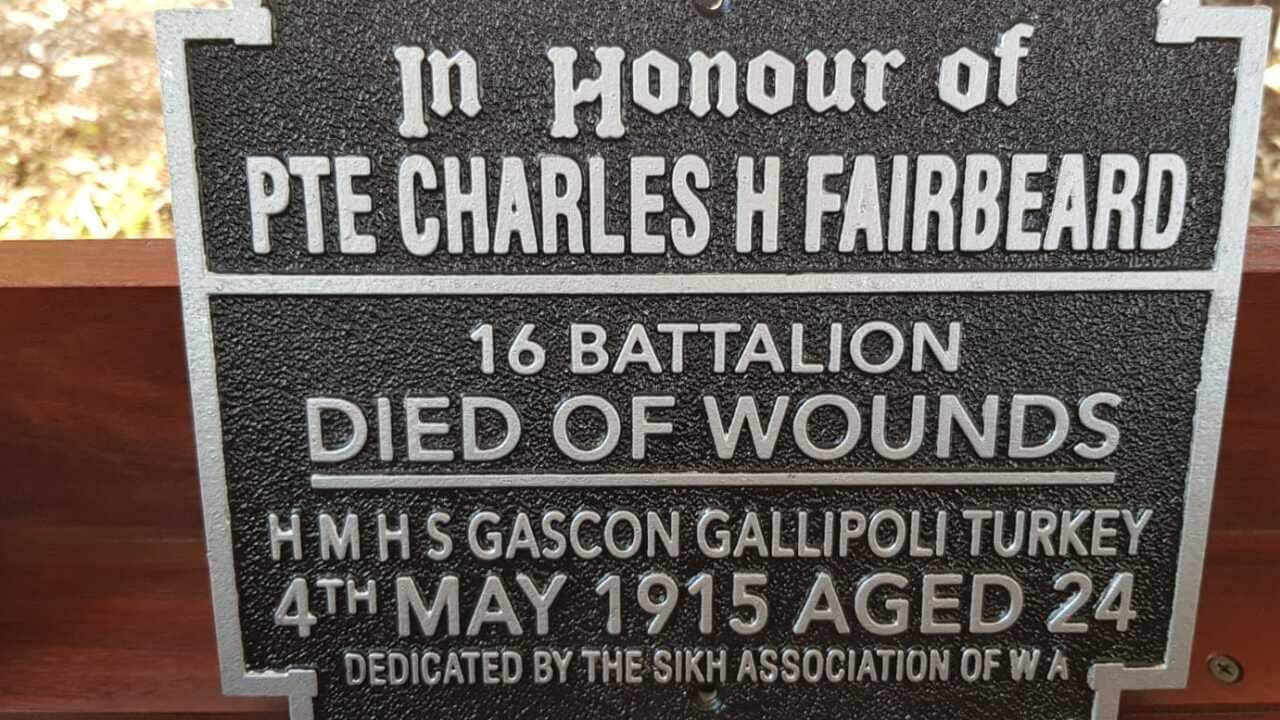 A plaque commemorating Private Charles H Fairbeard, an Indian Anzac killed in action in Gallipoli in May 2015