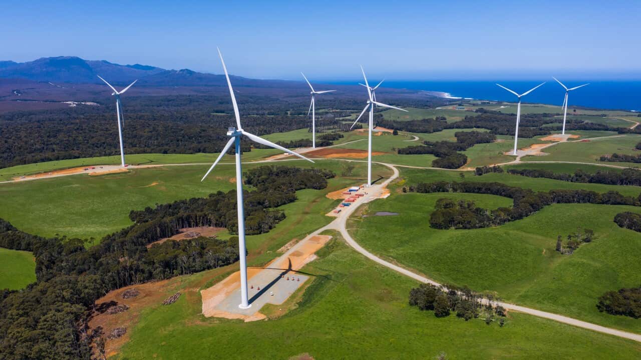 Aerial view of wind turbines
