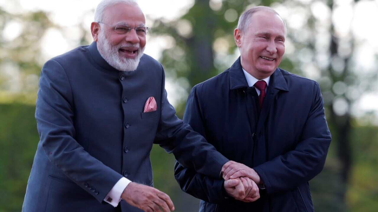 A handout photo made available by TASS Host Photo Agency shows Russian President Vladimir Putin (R) and Indian Prime Minister Narendra Modi (L) during a walk after their talks on the sidelines of the St. Petersburg International Economic Forum near the K