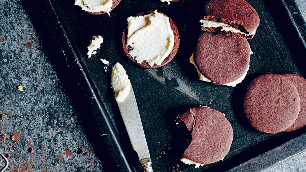 Chocolate shortbread sandwich biscuits with banana cashew cream