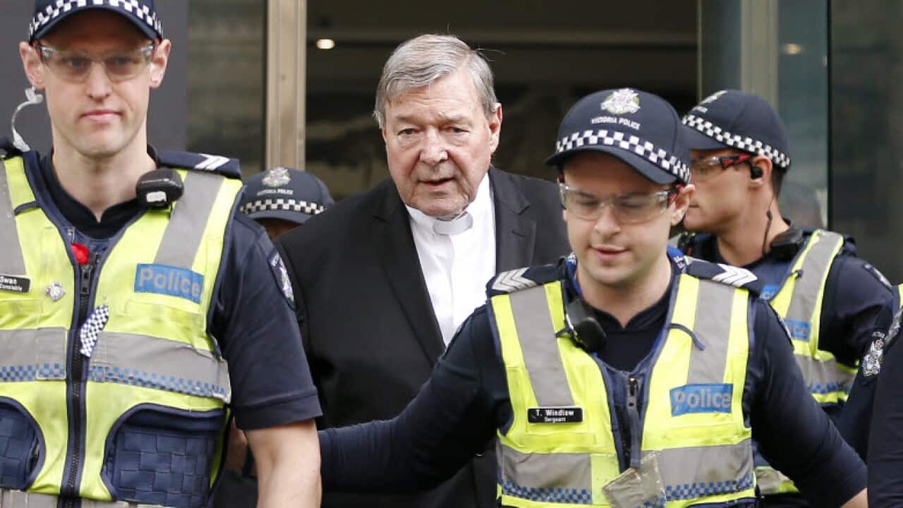 Australia's most senior Catholic Cardinal George Pell departs the County Court of Victoria in Melbourne, Wednesday, May 2, 2018.