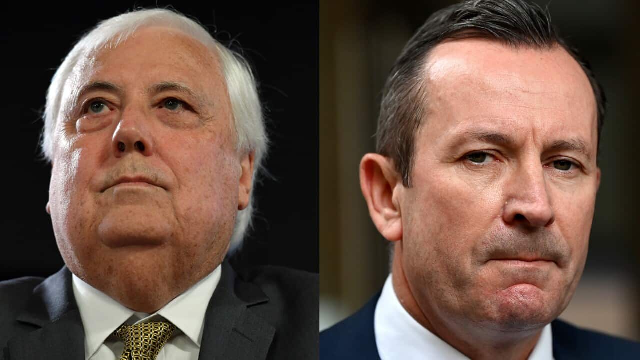 Businessman and politician Clive Palmer and WA Premier Mark McGowan are seen in a composite image.