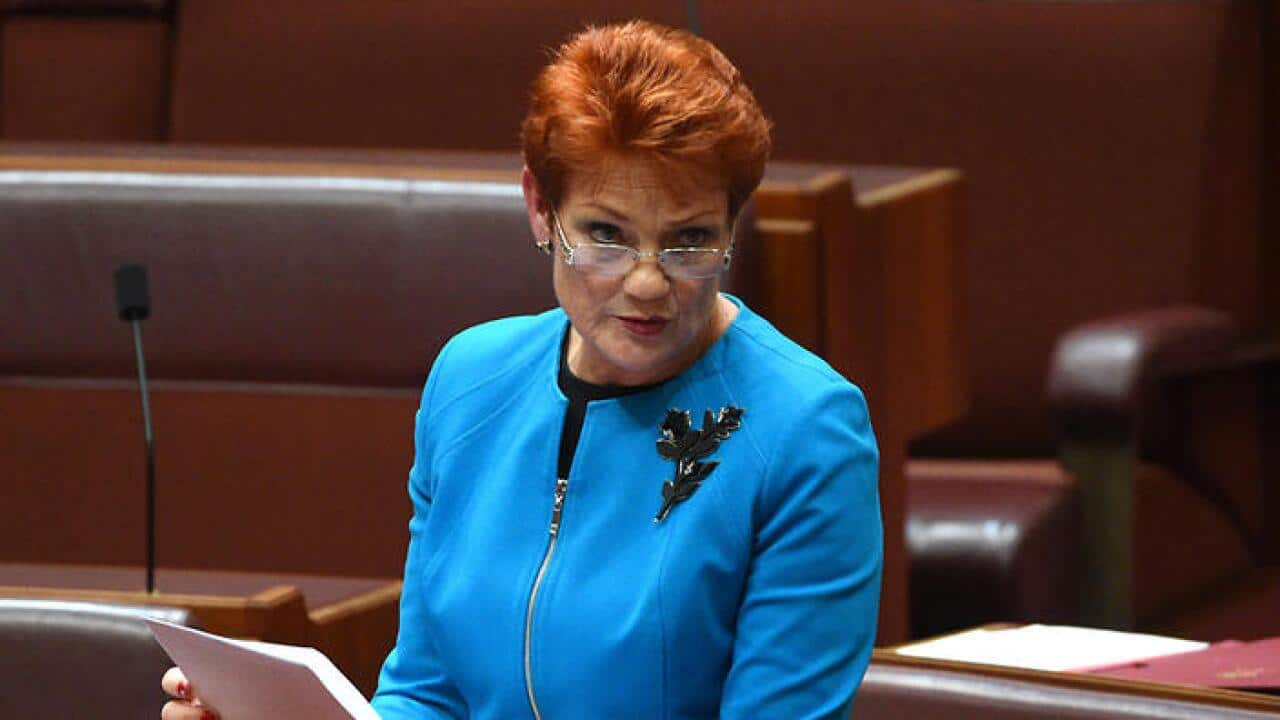 One Nation leader Senator Pauline Hanson makes her maiden speech in the Senate in Canberra,
