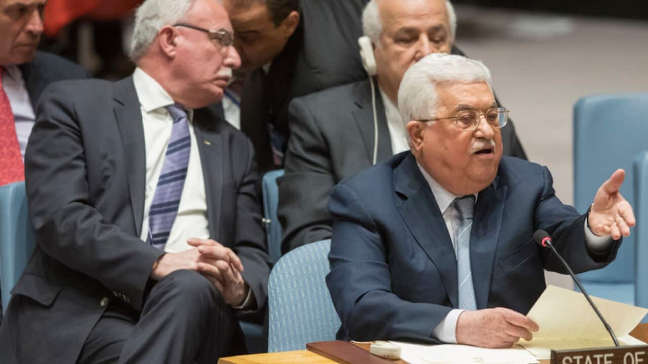 Palestinian President Mahmoud Abbas speaks during a Security Council meeting on the situation in Palestine, Tuesday, Feb. 20, 2018 at United Nations headquarters. (AP Photo/Mary Altaffer)