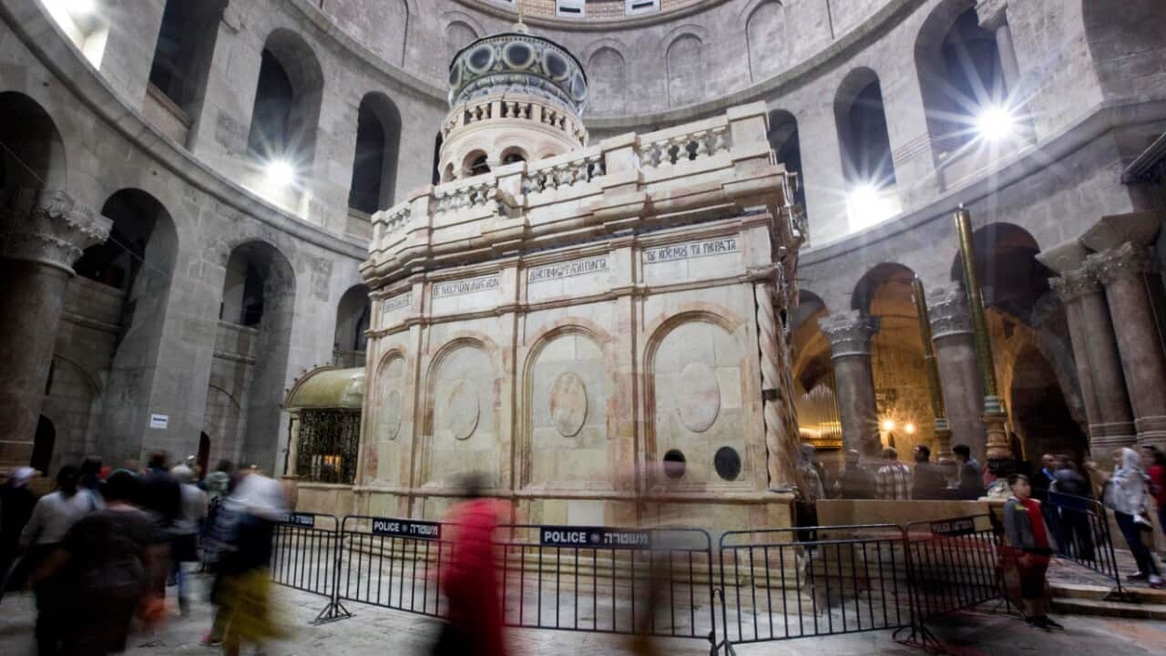The tomb of Jesus Christ with the rotunda is seen in the Church of the Holy Sepulchre in Jerusalem's Old City