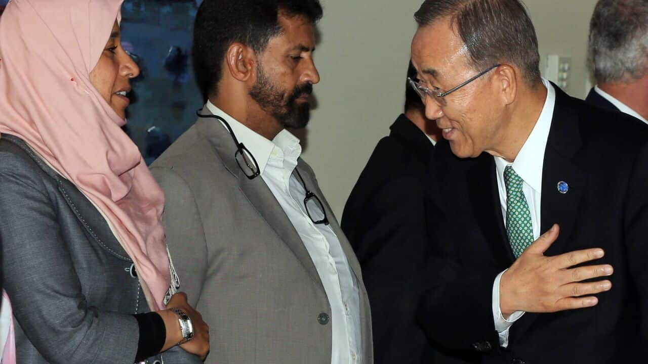 Secretary General Ban Ki-moon greets Libyan delegates