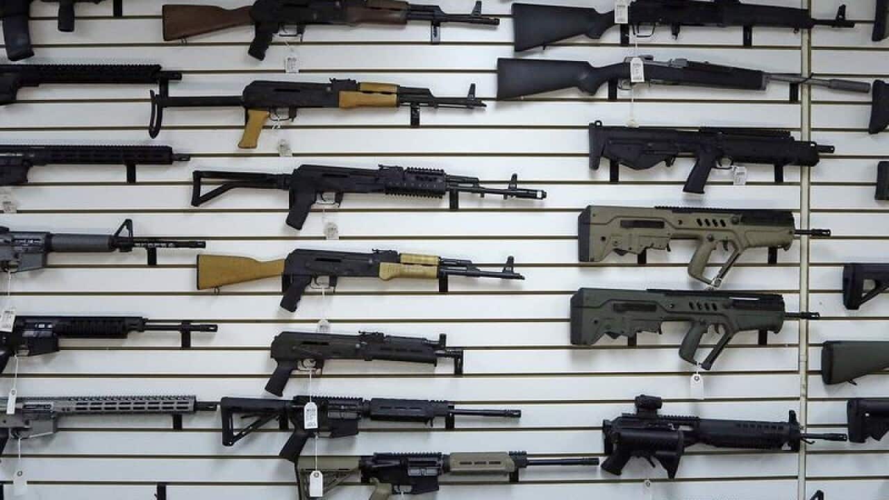 semi-automatic weapons on wall in gun store