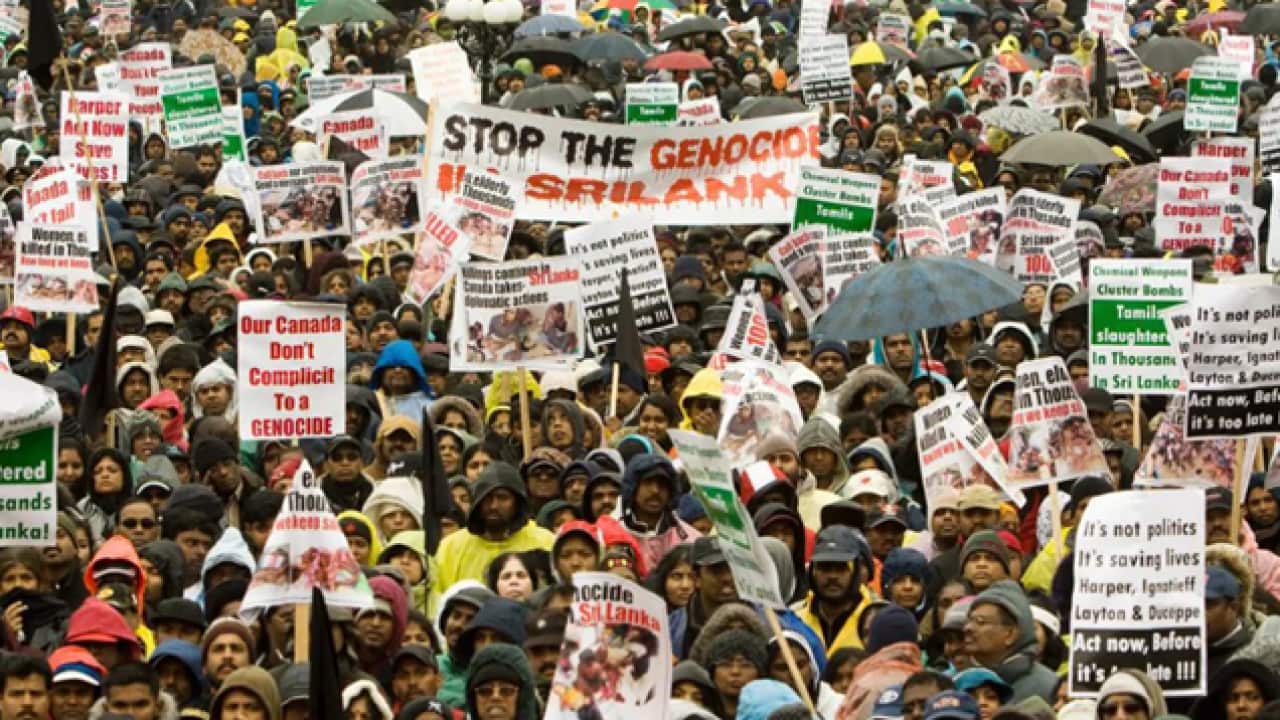 Sinhala Organisations were protesting against Ontario's Tamil genoside commoration week