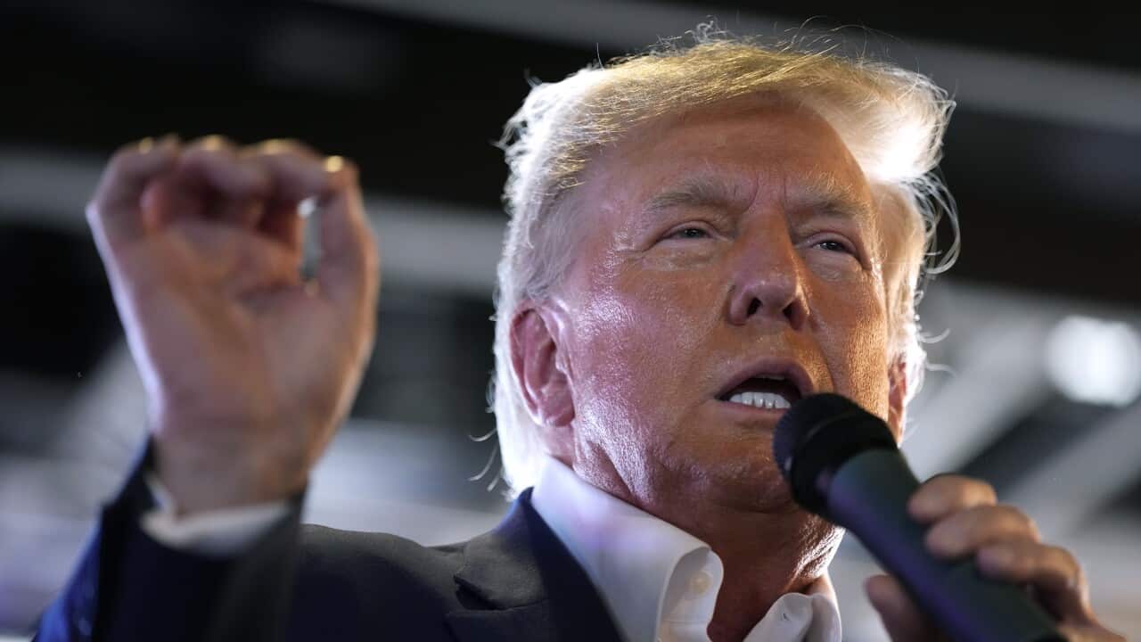 Republican presidential candidate President Donald Trump speaks to supporters during a visit to the Iowa State Fair, Saturday, Aug. 12, 2023, in Des Moines, Iowa.
