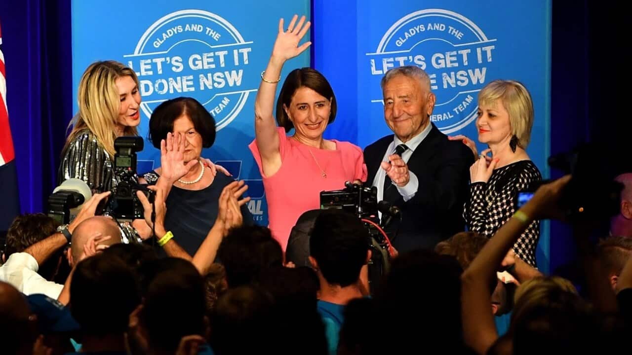 New South Wales Liberal leader Gladys Berejiklian celebrates with sister Mary (left) mother Arsha and father Krikorat and sister Rita the NSW Liberal party win.