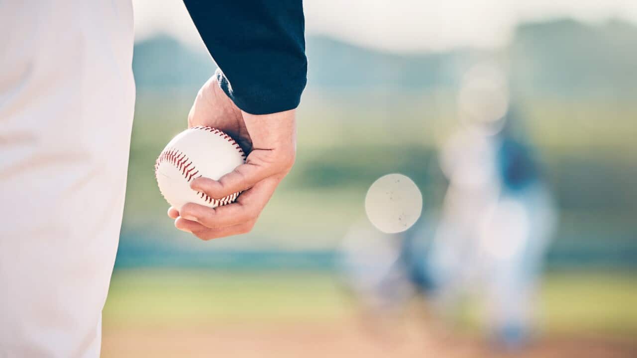 Baseball player, ball and athlete or pitcher hand in a competitive match or game on the sports field for training. Closeup, sportsman and person playing a sport or softball as exercise and fitness