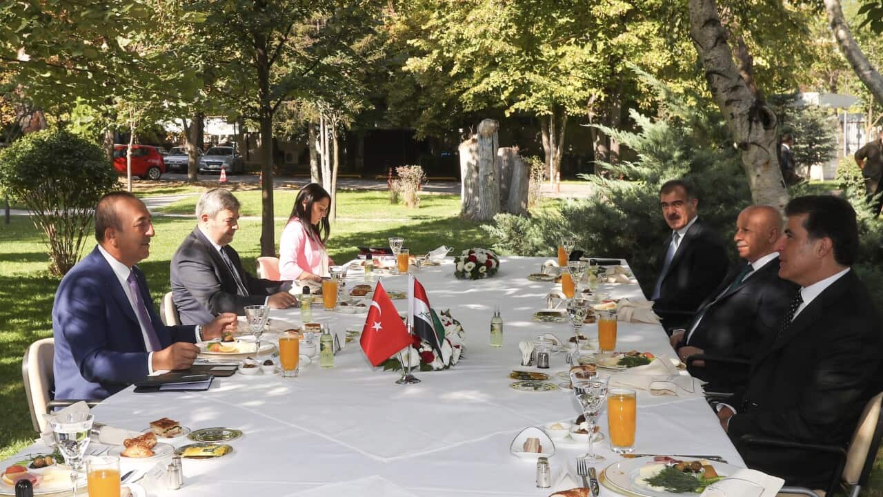 Turkish Foreign Minister Mevlut Cavusoglu (L) meets Nechirvan Barzani, president of Kurdistan Regional Government in Ankara