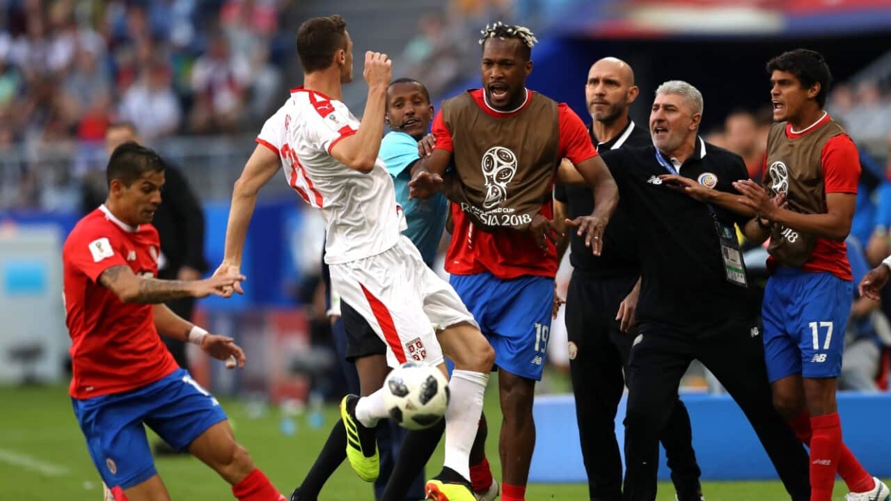 Nemanja Matic of Serbia clashes with Kendall Waston of Costa Rica as tempers flare during the 2018 FIFA World Cup Russia group E match