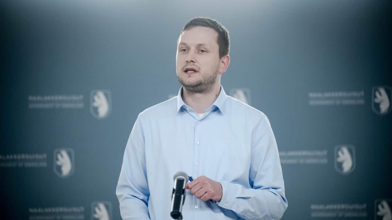 Greenland's Prime Minister Jens-Frederik Nielsen holds a press conference in Nuuk (AA).