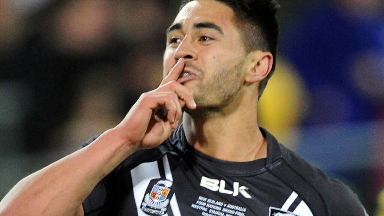 New Zealand's Shaun Johnson celebrates a try