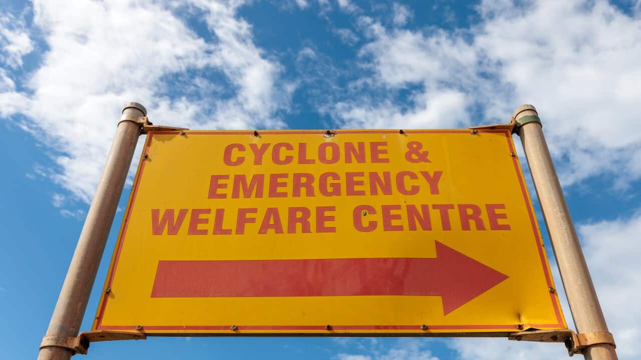 A cyclone emergency sign.