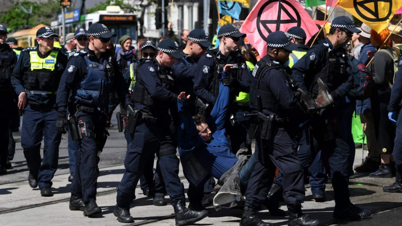 An Extinction Rebellion activist is arrested during a protest in Melbourne, Tuesday, October 8, 2019. 