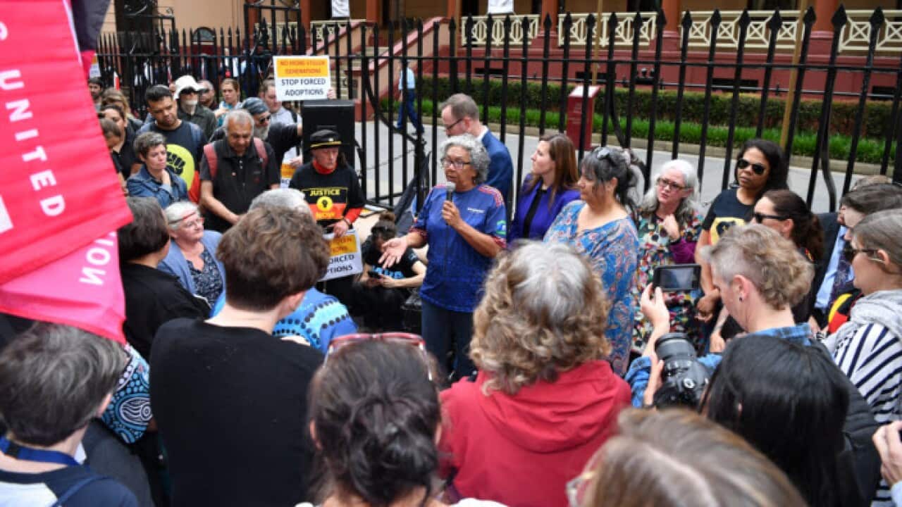 Protesters at the Stop Forced Adoptions Protest outside Parliament House in Sydney