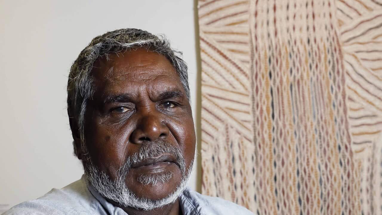 Winner of the 2019 Telstra Art Award, Djambawa Marawili AM, from Yilpara, NT, with his work “Journey to America”. National Aboriginal and Torres Strait Islander Art Awards.