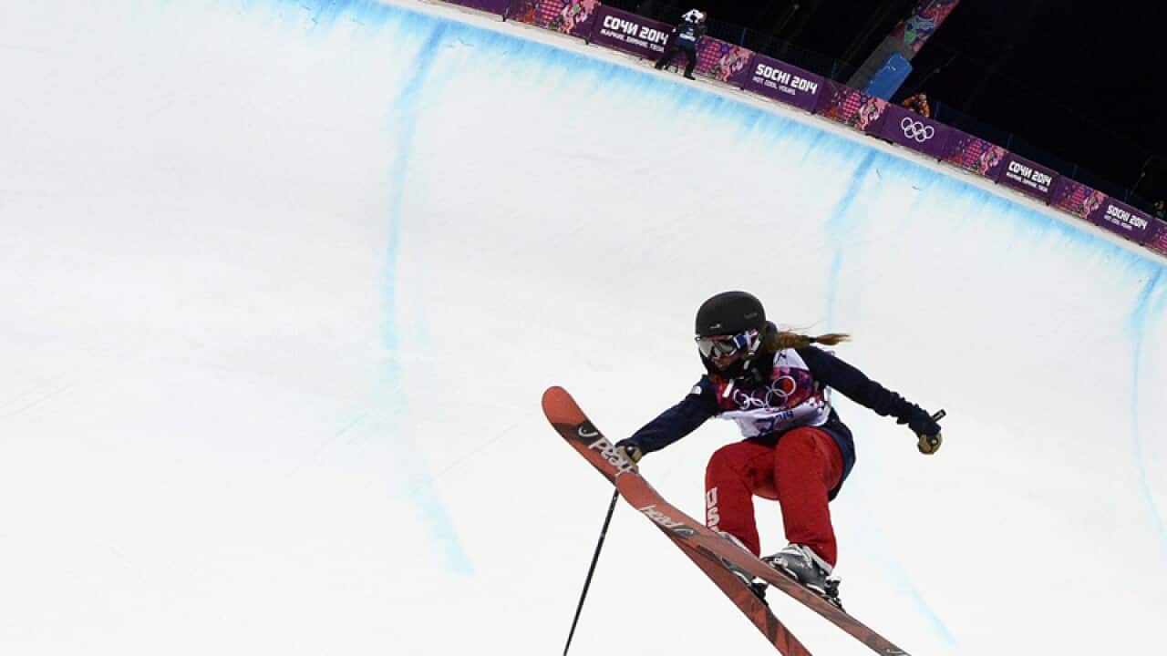 American Maddie Bowman skis in the women's ski halfpipe event