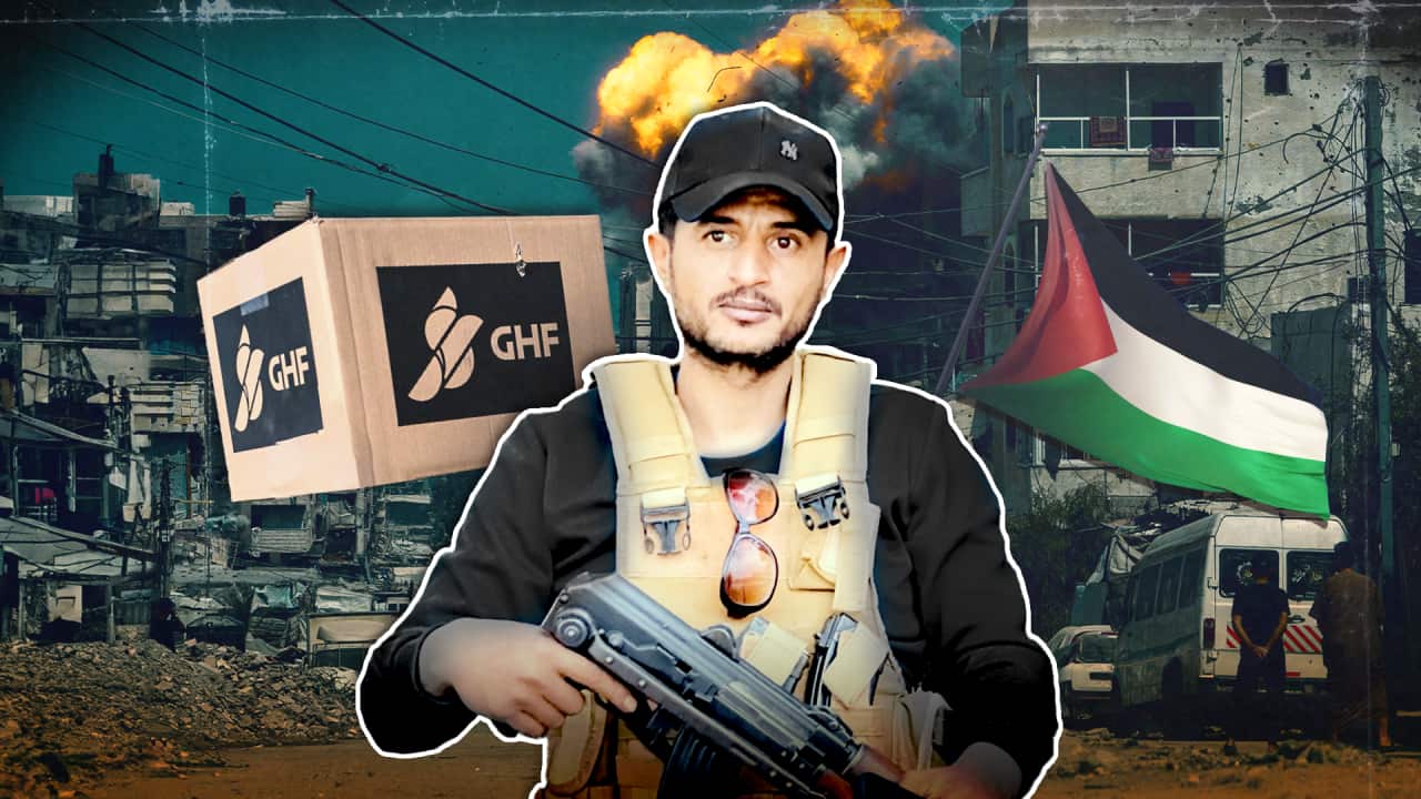 A composite image depicting a man in a military vest, next to a Palestinian flag and a brown GHF box