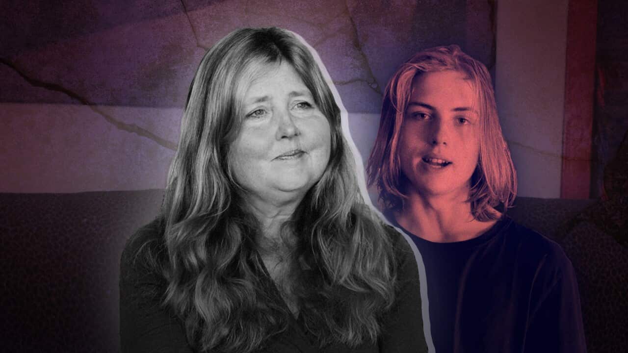 A collage of two images of a woman and her teenage son