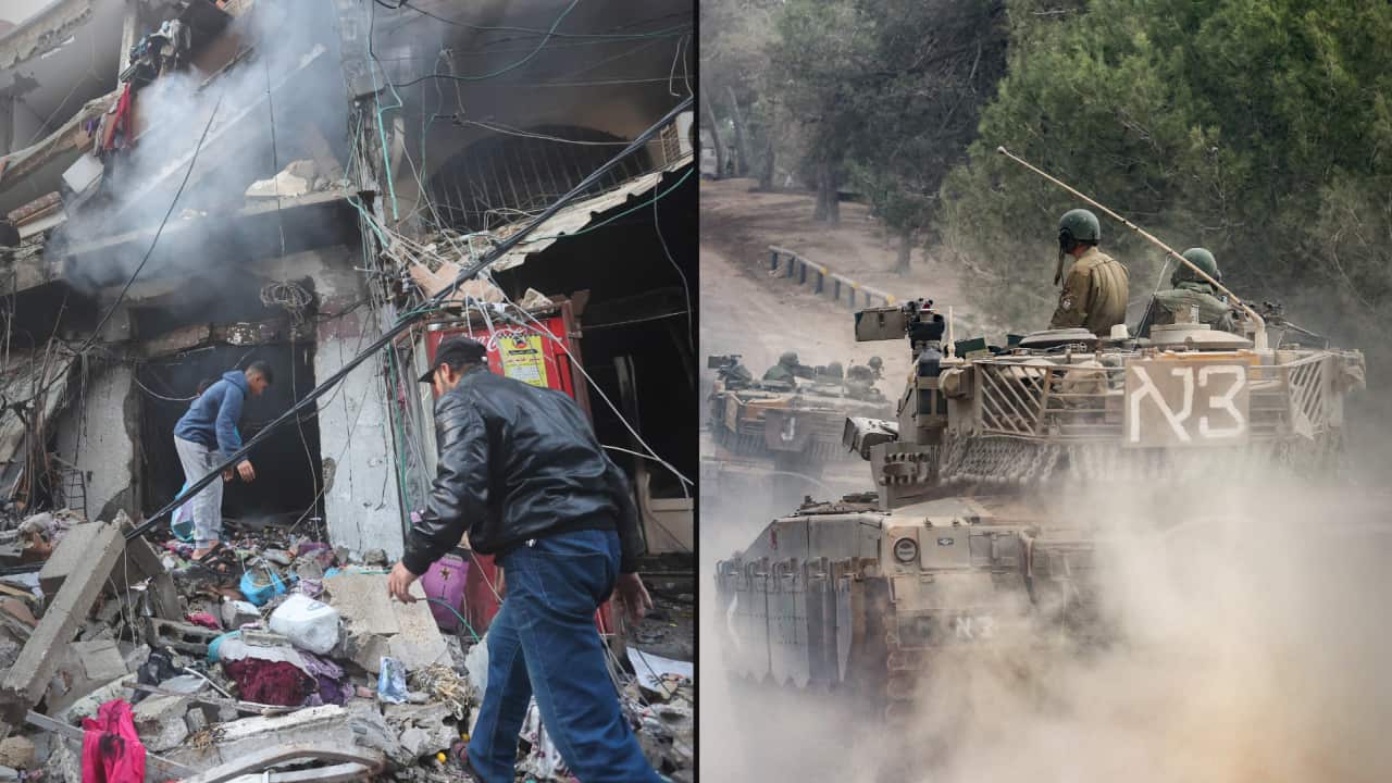 A split image. On the left are three people inspecting a destroyed building. On the right are tanks being driven along a dirt road.