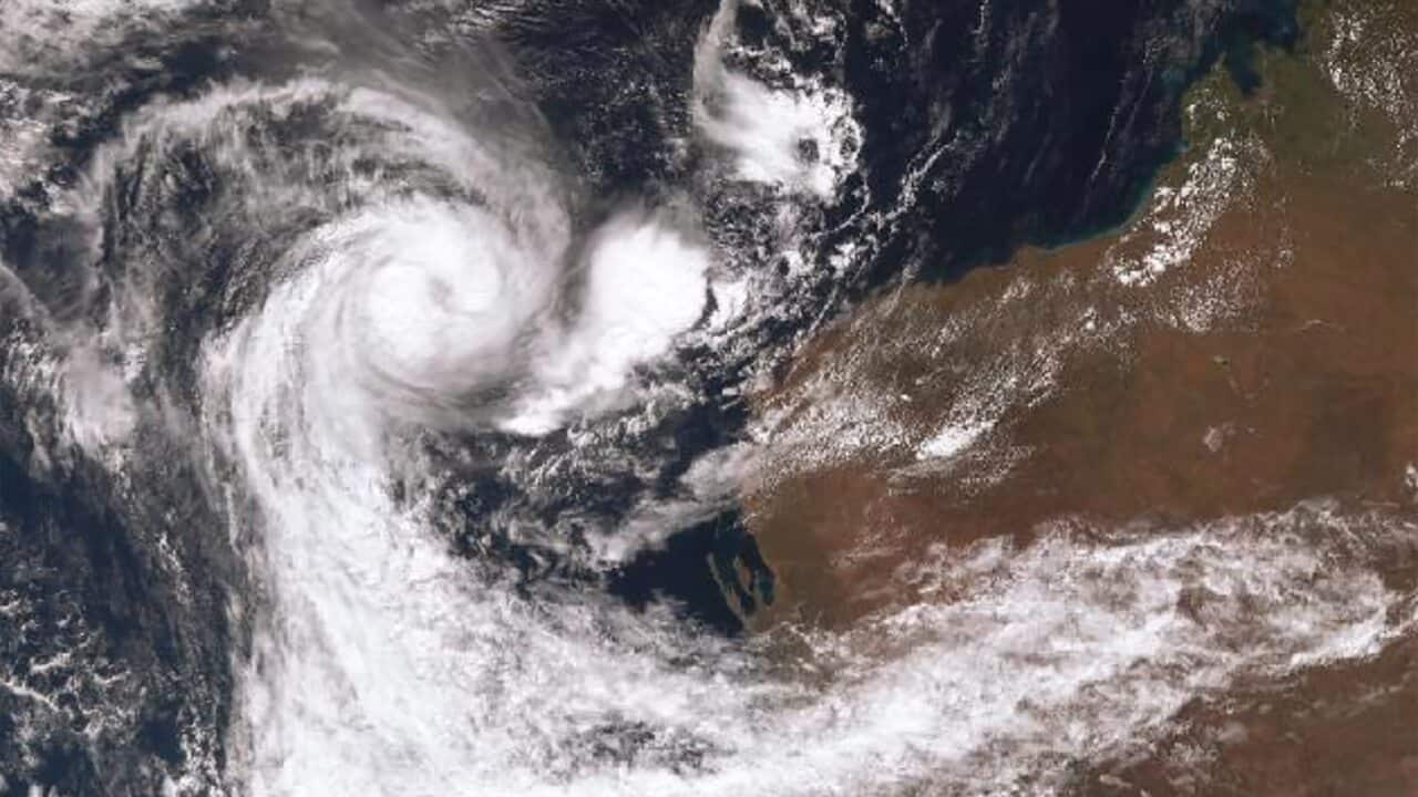 A satellite image recorded on Saturday, 10 April, 2021 of Tropical Cyclone Seroja tracking off the coast of Western Australia.