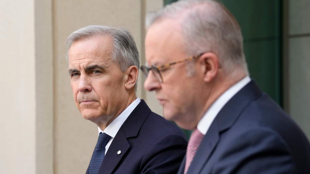 Mark Carney and Anthony Albanese, standing next to each other, against a beige wall.