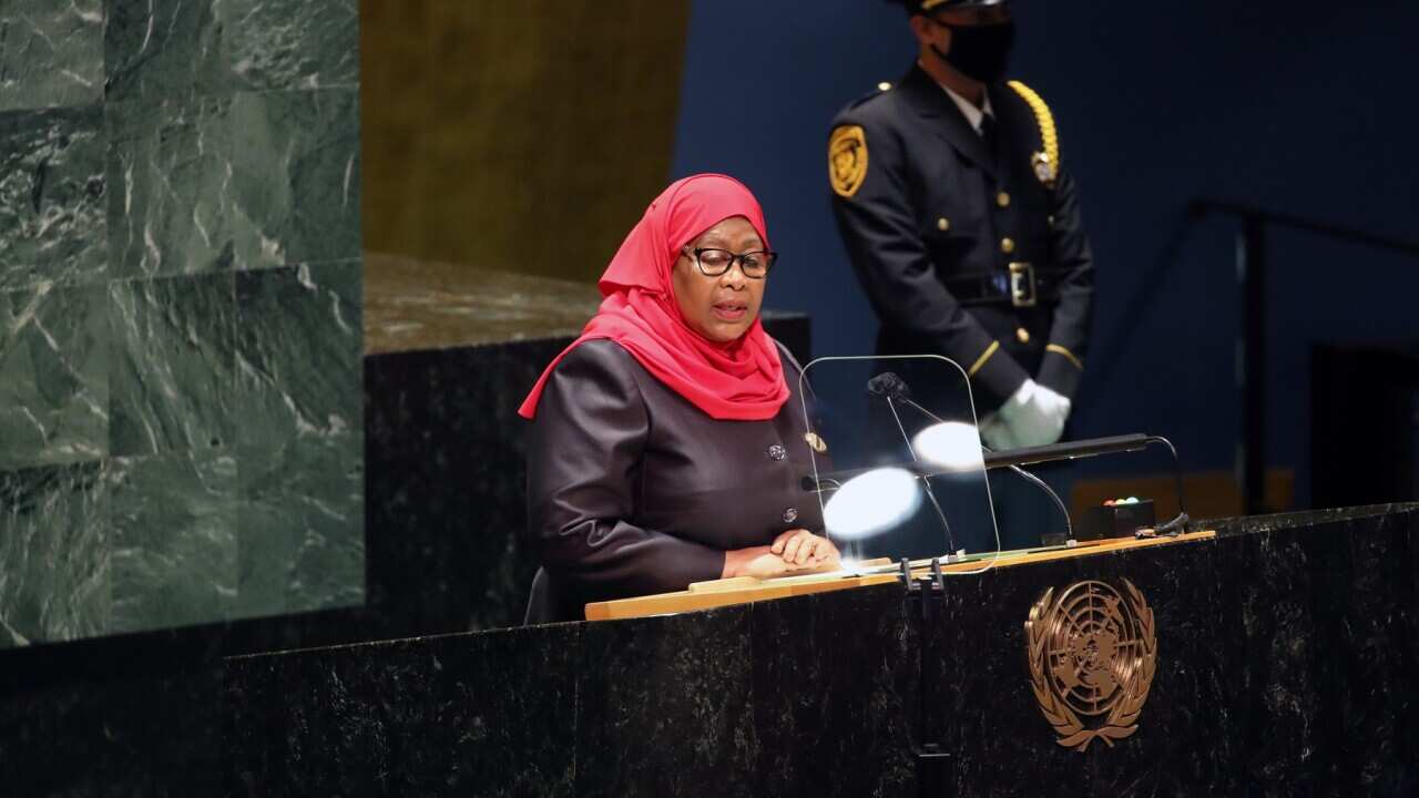 President of Tanzania Samia Suluhu Hassan speaks at the 76th session of the UN General Assembly