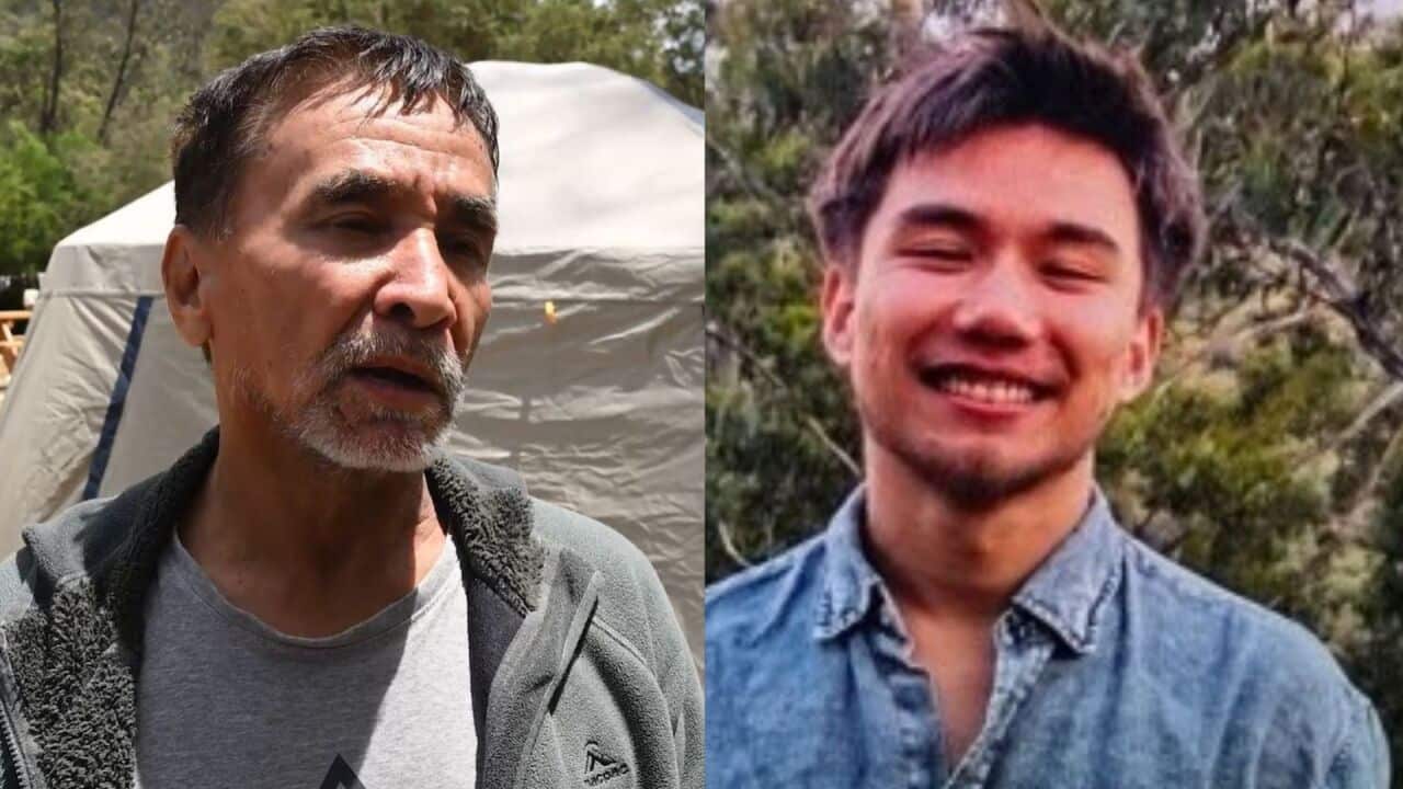 A composite image of a middle aged man and a young man. Both are standing outside in front of trees and bushland.