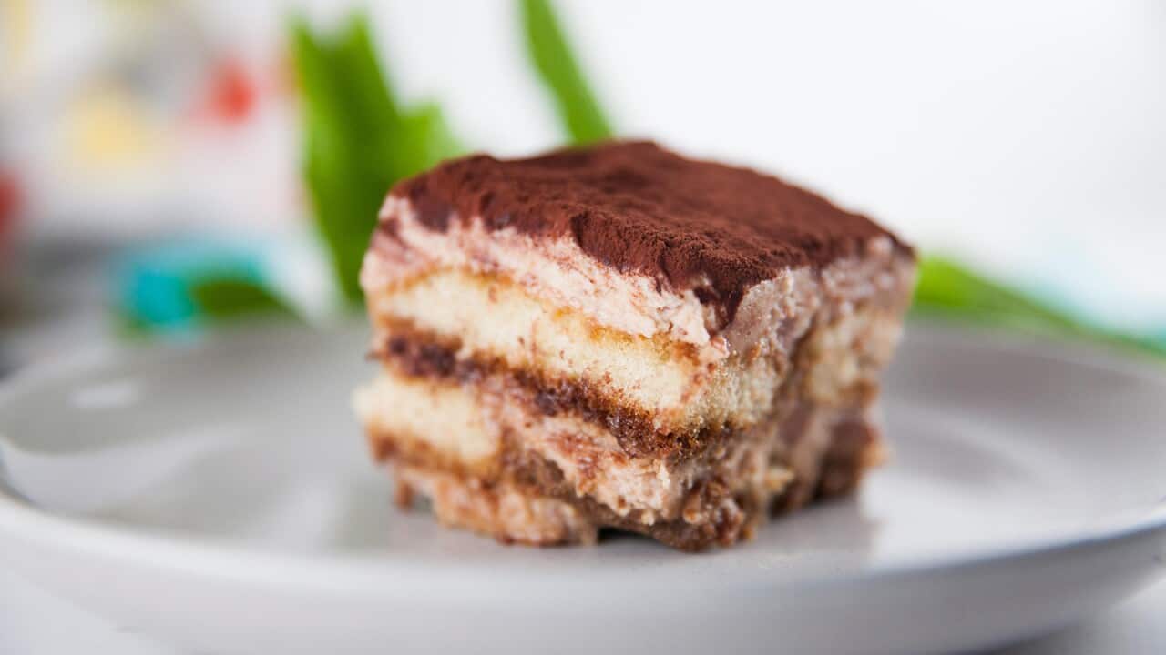 A square of creamy tiramisu, dusted with cocoa, sits on a wide white roundplate.