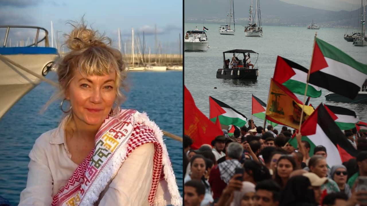 A split image. On the left is a woman posing for a photo. On the right are people standing near the water waving Palestinian flags.