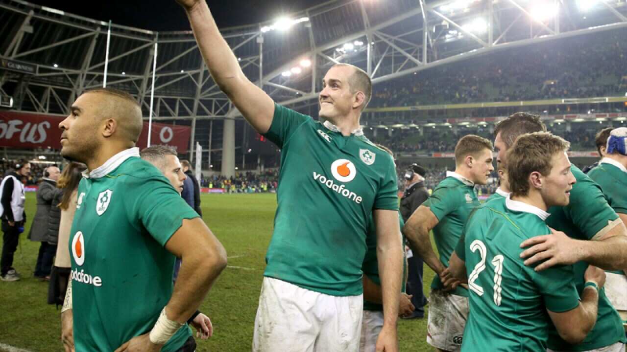 Ireland's Devin Toner celebrates with teammates