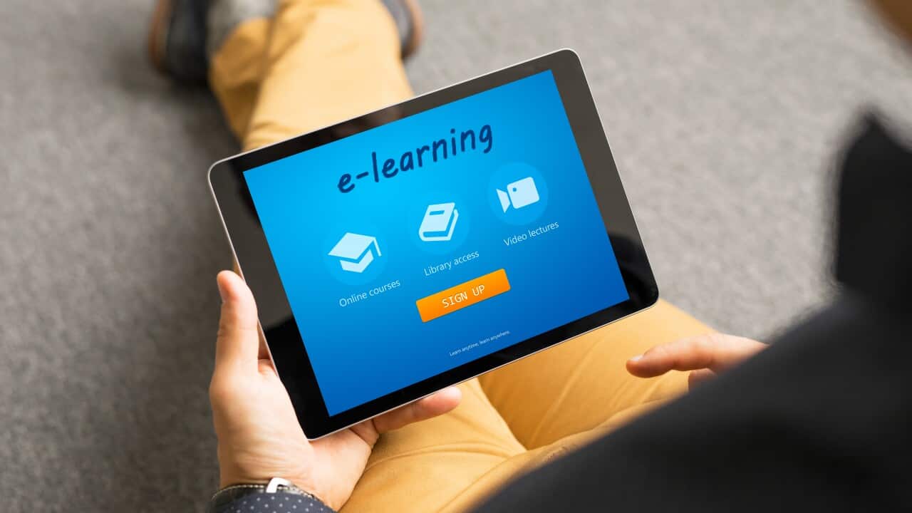 Man taking online courses, e-learning concept