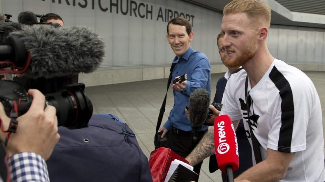Ben Stokes surrounded by media as he arrives in Christchurch.