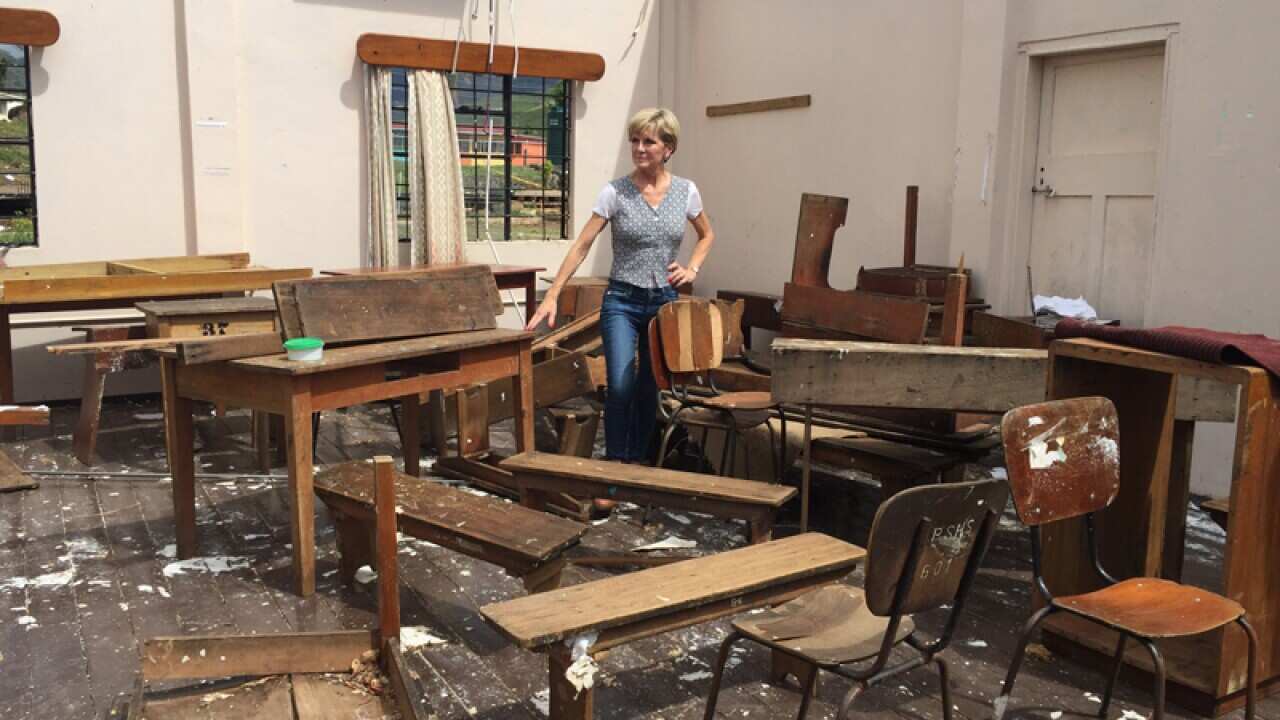 Foreign Minister Julie Bishop in a cyclone-damaged school in Fiji