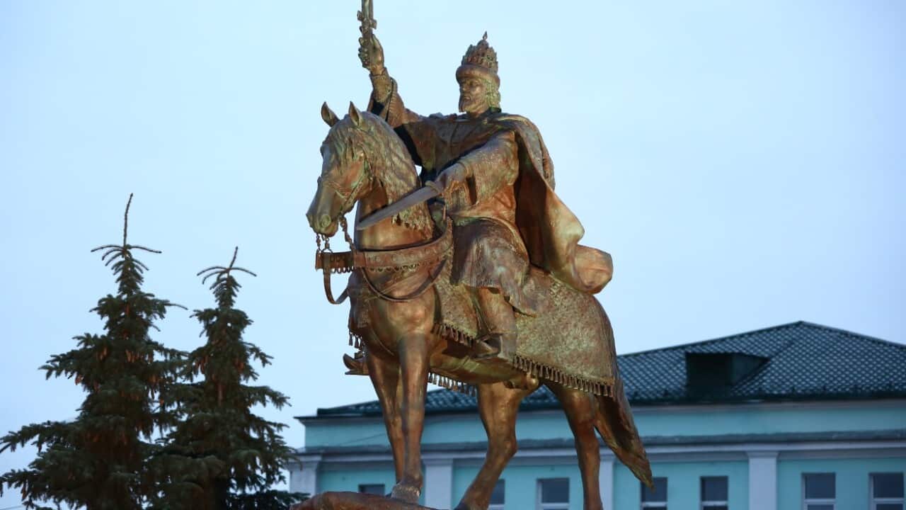 The unveiling of a monument to the founder of the city of Oryol, Tsar Ivan the Terrible of Russia, near the Epiphany Cathedral 