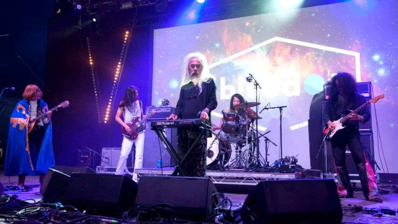 MANCHESTER, ENGLAND - JULY 22: Higashi Hiroshi, Jyonson Tsu, Satoshima Nani, Wolf and Kawabata Makoto of Acid Mother Temple perform on day 3 of Bluedot Festival at Jodrell Bank on July 22, 2018 in Manchester, England. (Photo by Katja Ogrin/Redferns)