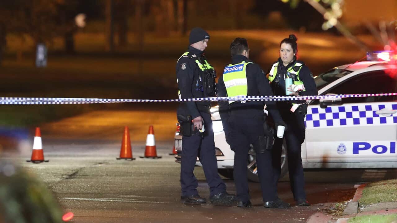 Police at the scene outside Brimbank Shopping Centre in Deer Park, Melbourne.