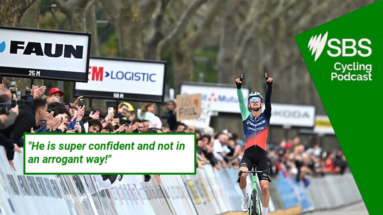 GUILHERAND-GRANGES, FRANCE - FEBRUARY 28: Paul Seixas of France and Team Decathlon CMA CGM celebrates at finish line as race winner during the 26th Faun-Ardeche Classic 2026 a 187.6km one day race from Guilherand-Granges to Guilherand-Granges on February 28, 2026 in Guilherand-Granges, France. (Photo by Billy Ceusters/Getty Images)