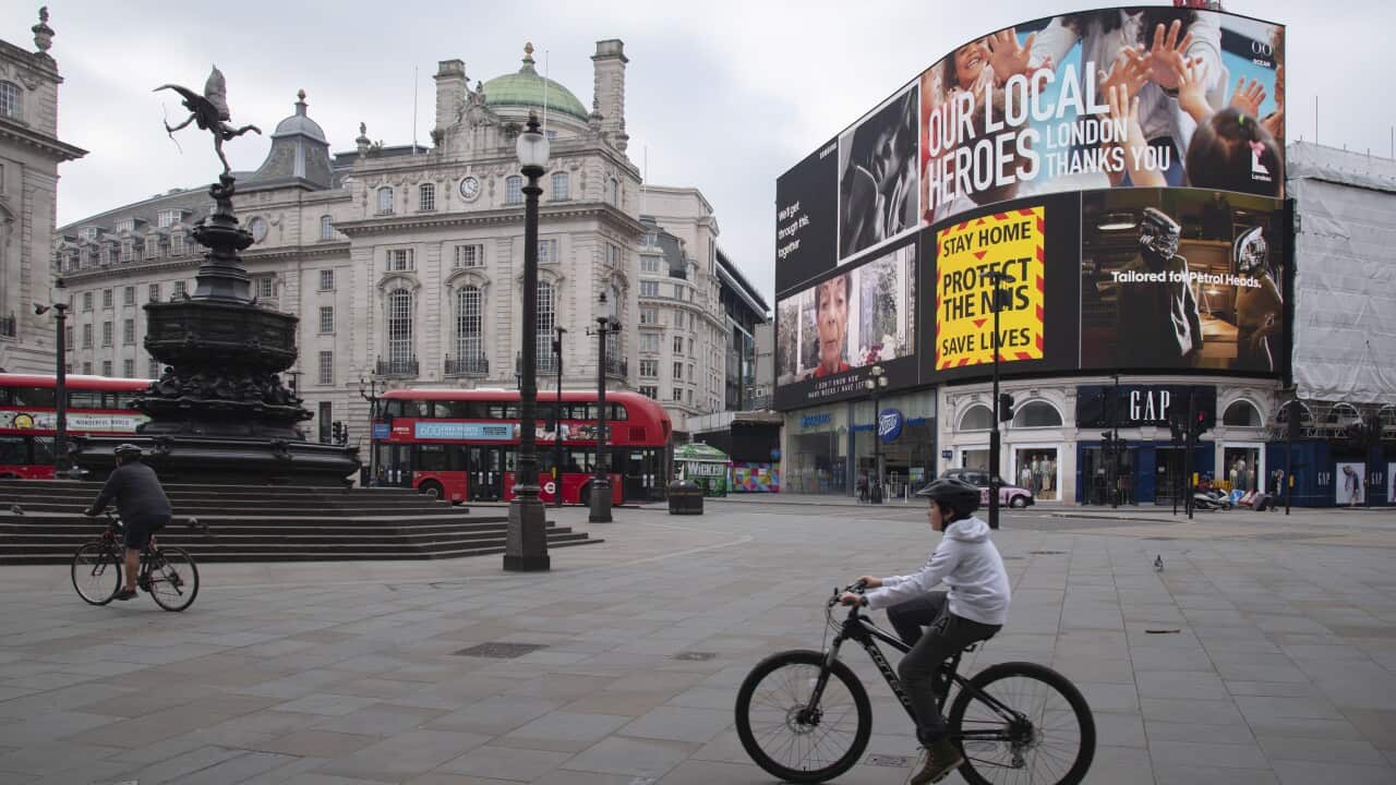 London's usually-bustling Piccadilly Circus is deserted during the nationwide lockdown amidst the global coronavirus pandemic. 