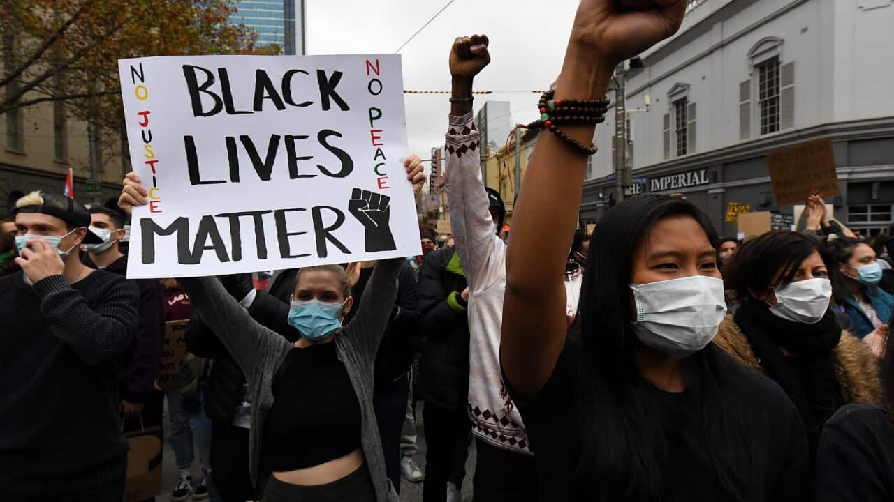 Protesters are seen during a Black Lives Matter rally in Melbourne,