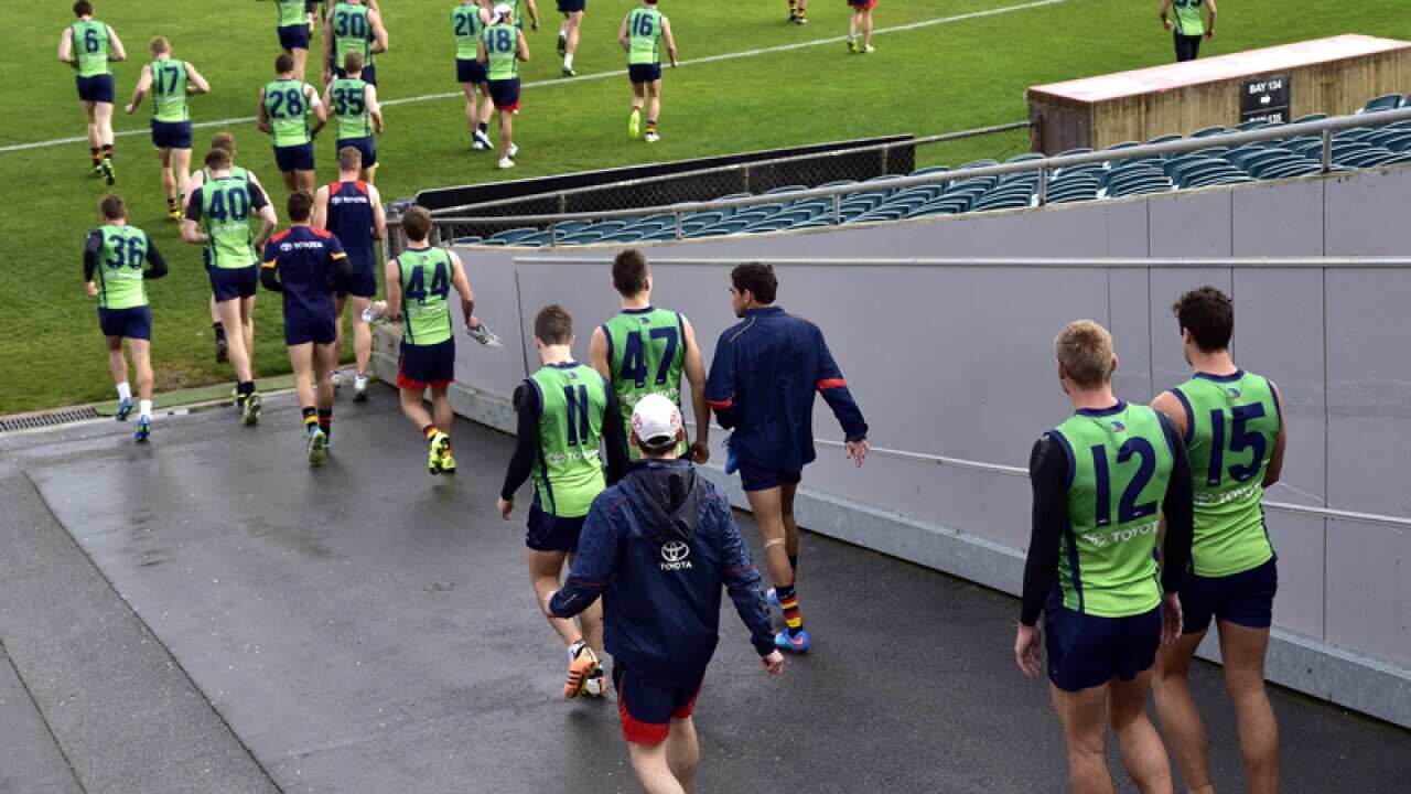 AFL Players walk onto the field before a Crows training session