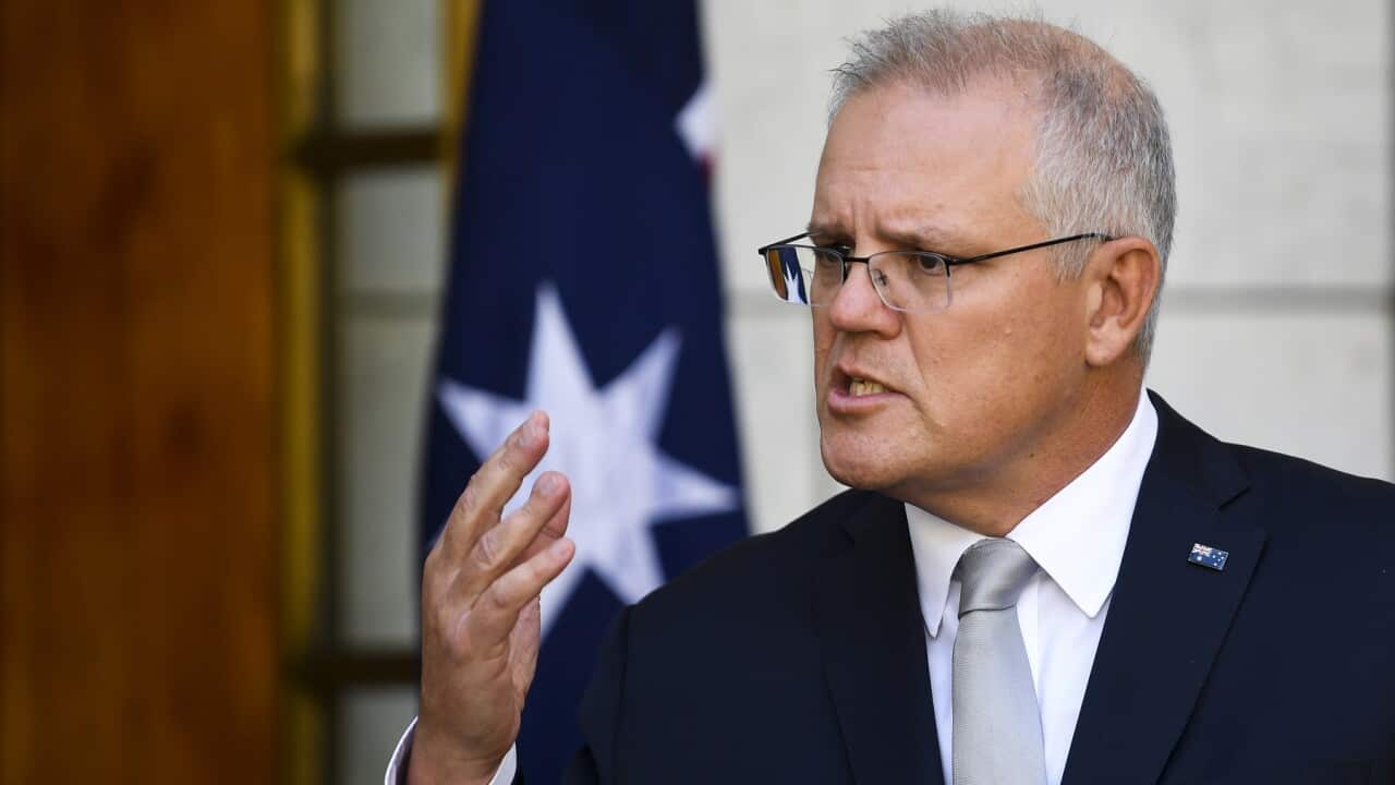 Australian Prime Minister Scott Morrison speaks to the media during a press conference at Parliament House in Canberra, Tuesday, February 23, 2021. (AAP Image/Lukas Coch) NO ARCHIVING